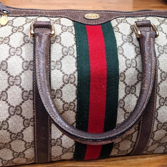 Auth GUCCI Old Gucci Sherry PVC GG Canvas Leather Mini Boston Bag Used F/S - Picture 1 of 7